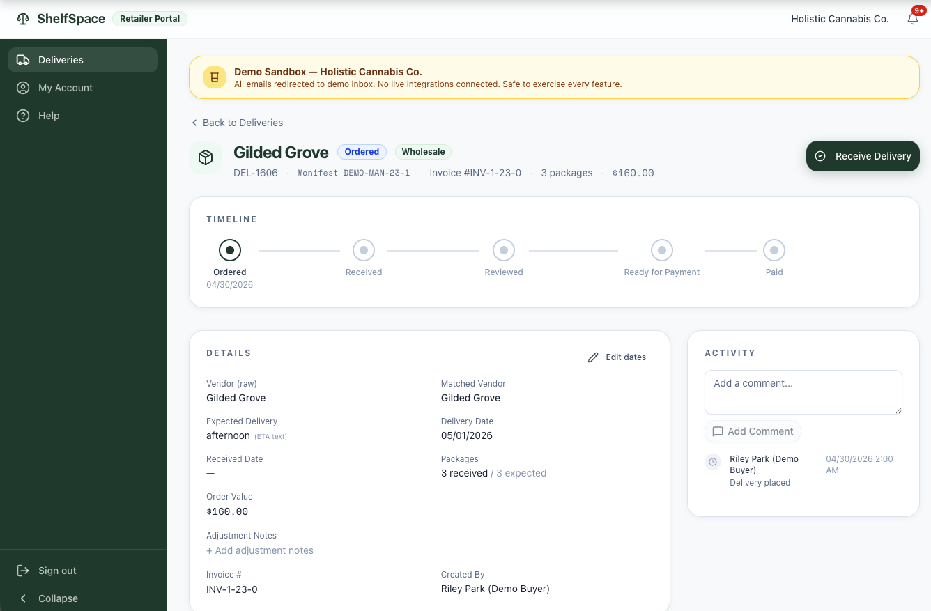 Gilded Grove delivery detail page showing the Ordered → Received → Reviewed → Ready for Payment → Paid timeline, manifest and invoice numbers, vendor match, expected delivery, and activity comment thread.