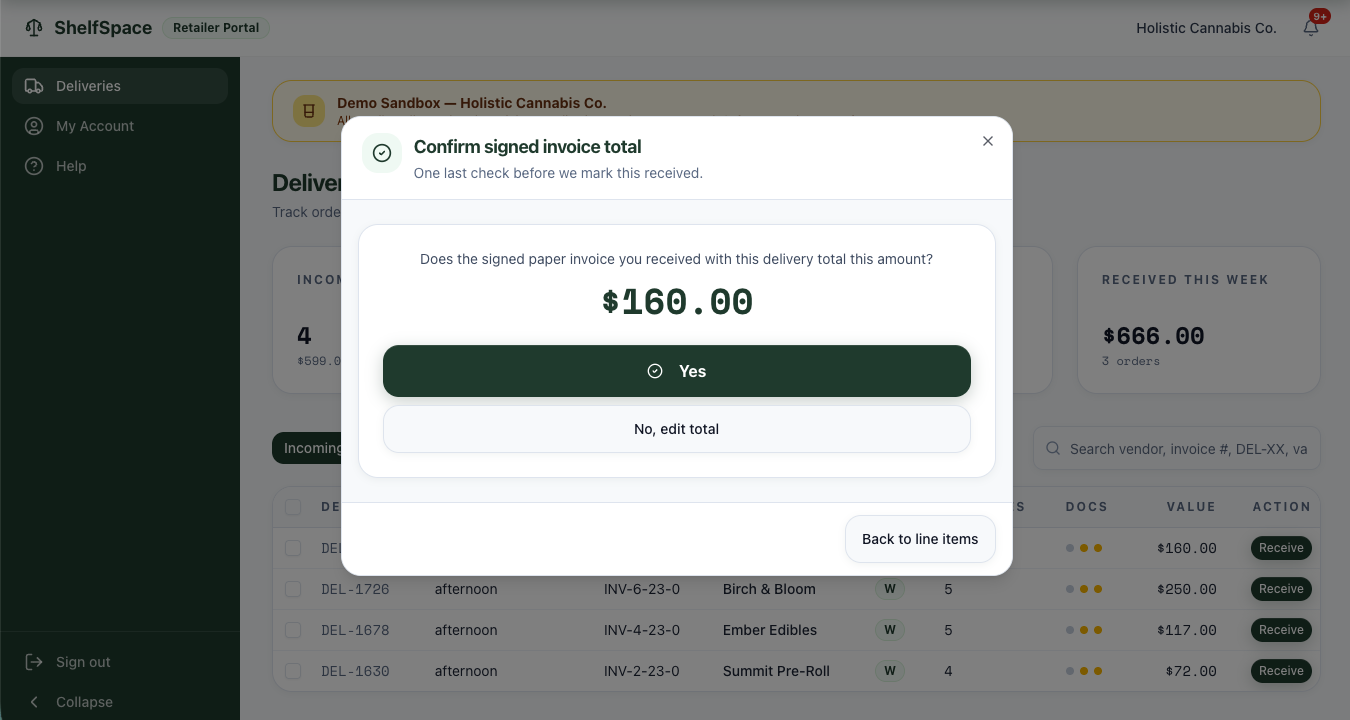 Confirm signed invoice total dialog asking 'Does the signed paper invoice you received with this delivery total this amount? $160.00' with a green Yes button and a No, edit total button.