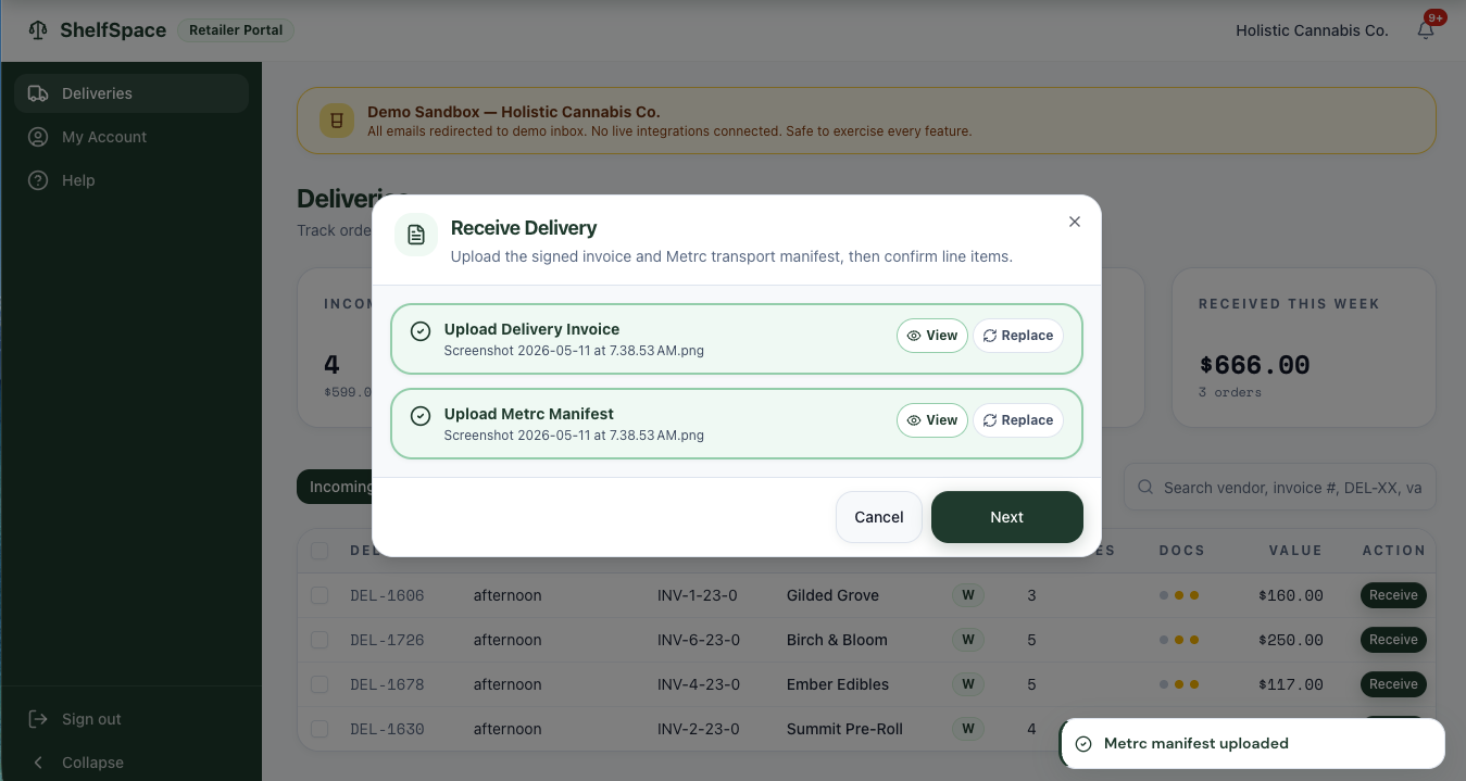 Receive Delivery dialog after both uploads complete: green check marks next to both document rows, file names visible, View and Replace buttons available, Next button now enabled.