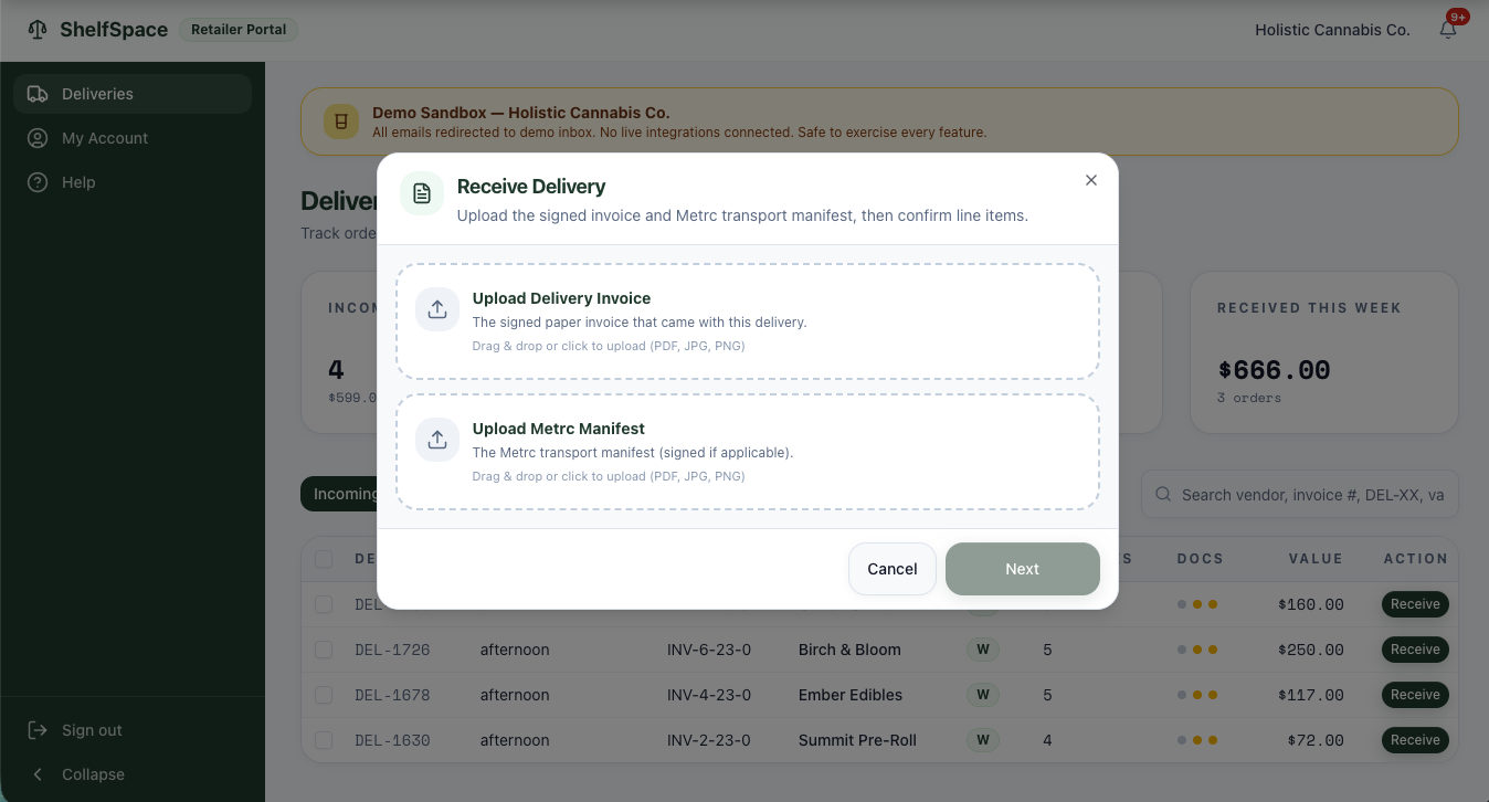 Receive Delivery dialog with two empty drag-and-drop zones: Upload Delivery Invoice (the signed paper invoice) and Upload Metrc Manifest (the transport manifest), each accepting PDF, JPG, or PNG.