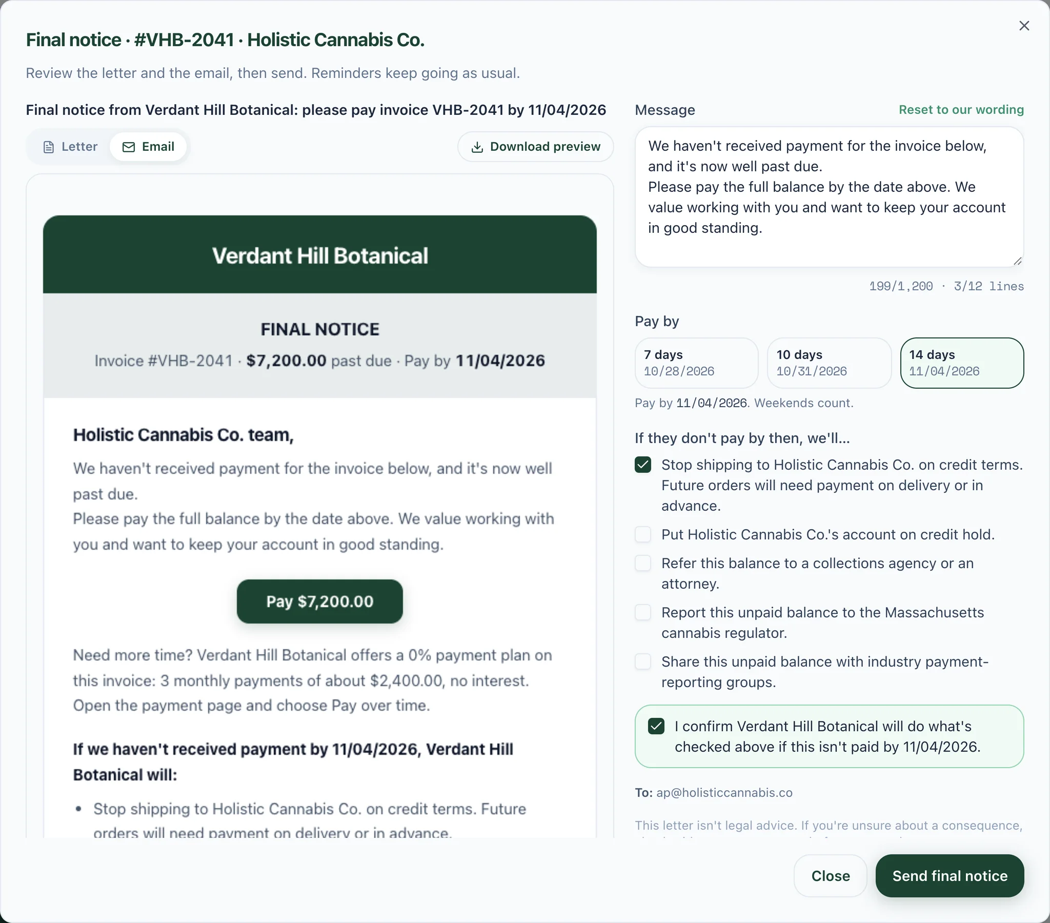The final notice editor on the Email tab: the email the store receives, with one consequence ticked and confirmed