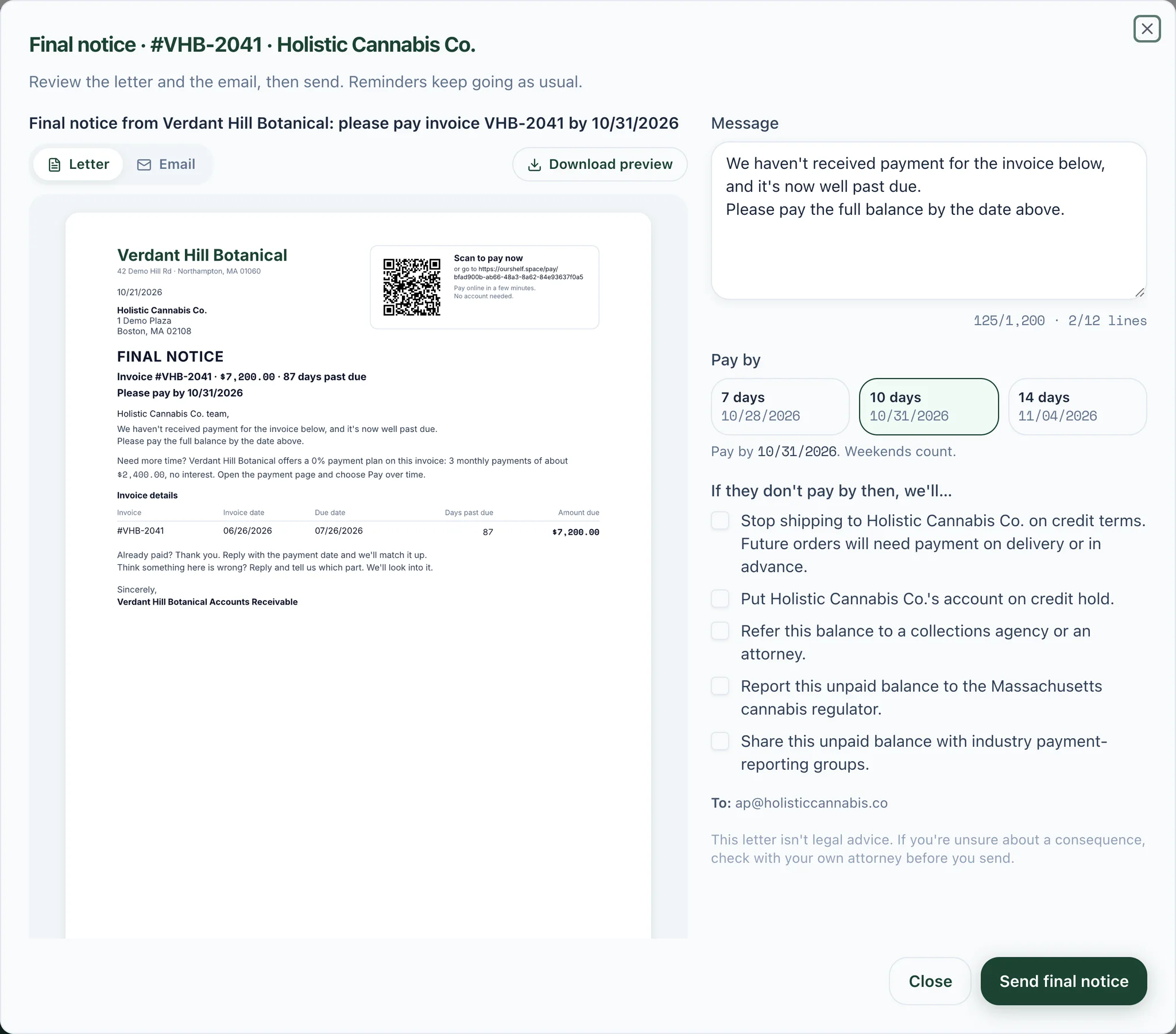 The final notice editor: the letter preview on the left, and the message, pay-by date and consequence choices on the right