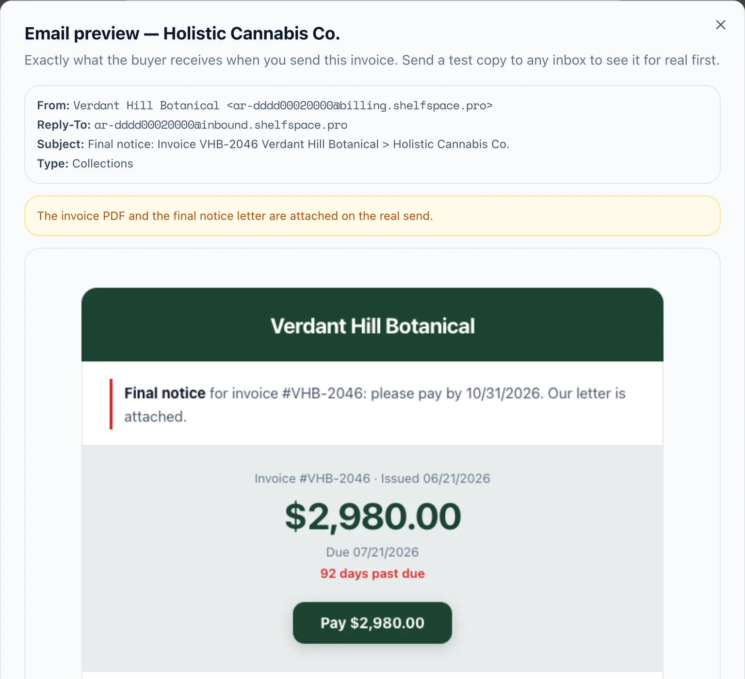 Email preview: subject starting with Final notice, a note that the invoice PDF and the final notice letter are attached, and a Final notice line above the amount due
