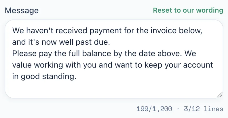 The Message box with the brand's own sentence added, a 199 of 1,200 character count and a Reset to our wording link