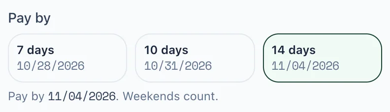 Pay by choices: 7 days, 10 days and 14 days, each showing its exact date