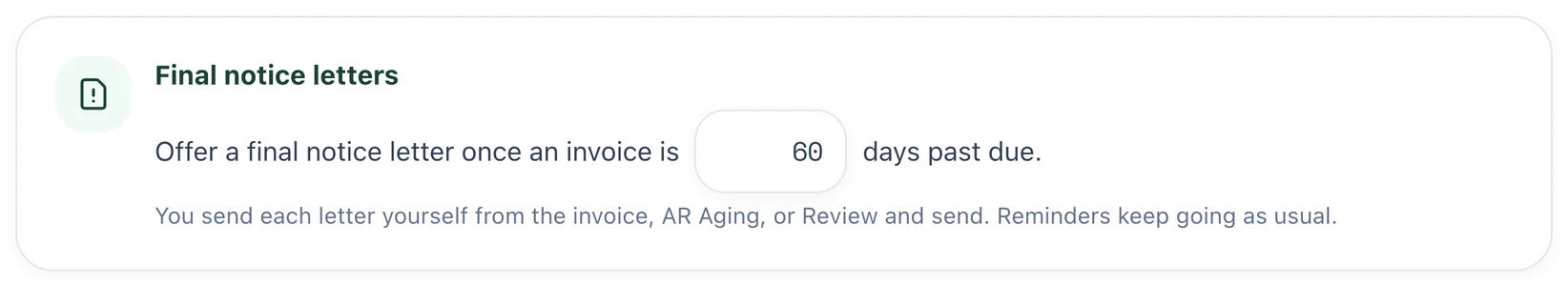 Settings card: Offer a final notice letter once an invoice is 60 days past due
