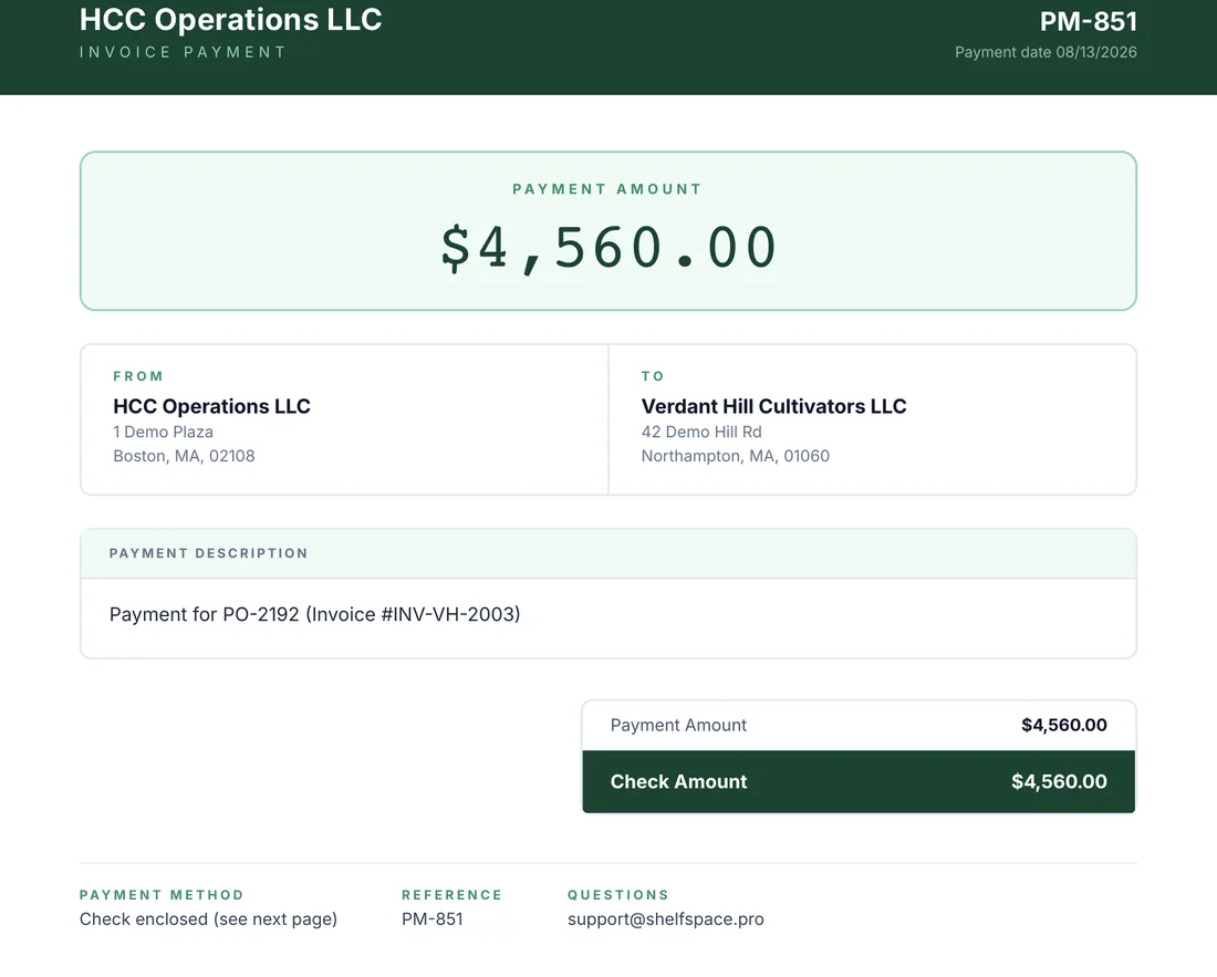 The payment page that comes with every check: from, to, amount and the invoice it pays