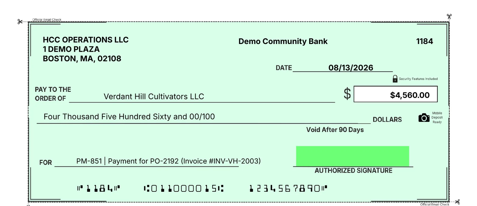 A ShelfSpace e-check: payee, amount in numbers and words, memo with the PO and invoice number, and the bank line printed at the bottom