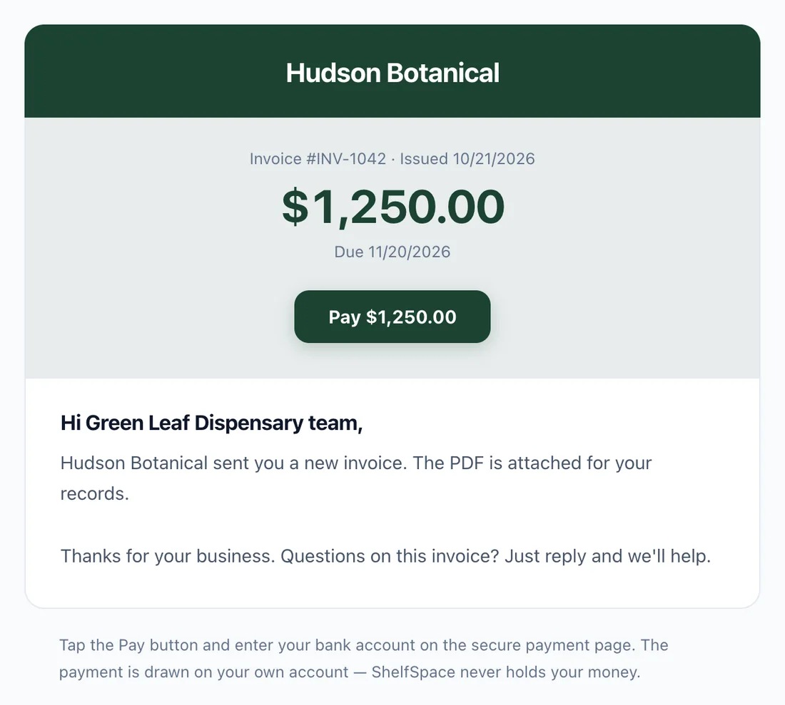 Invoice email from the vendor with the amount due and a Pay button