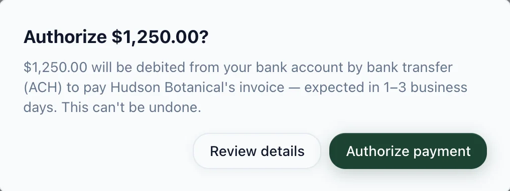 The final confirmation: Authorize $1,250.00, expected in 1 to 3 business days