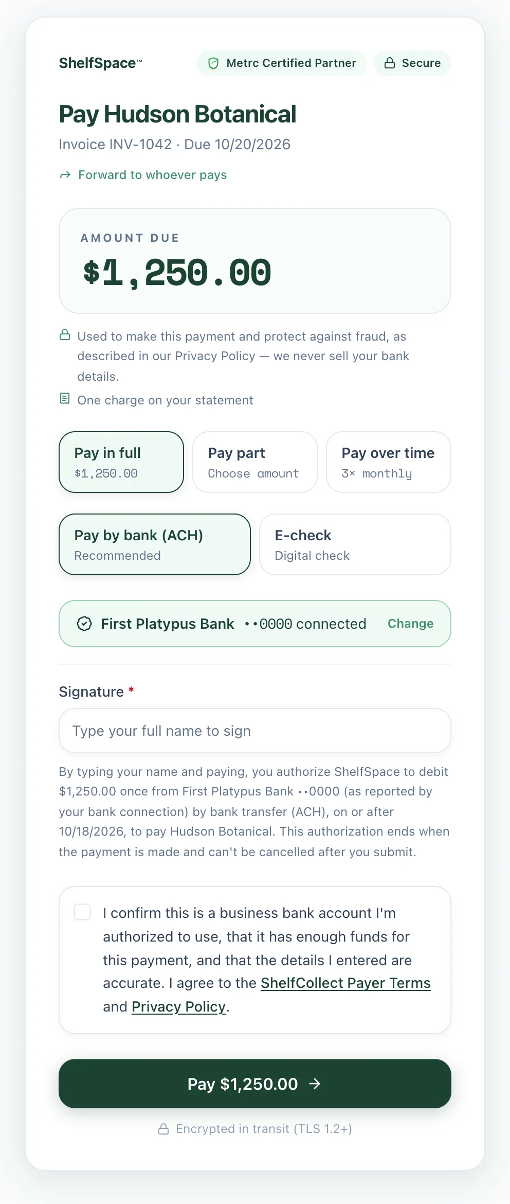 The pay page after the buyer's bank is connected, showing the bank name and last four digits