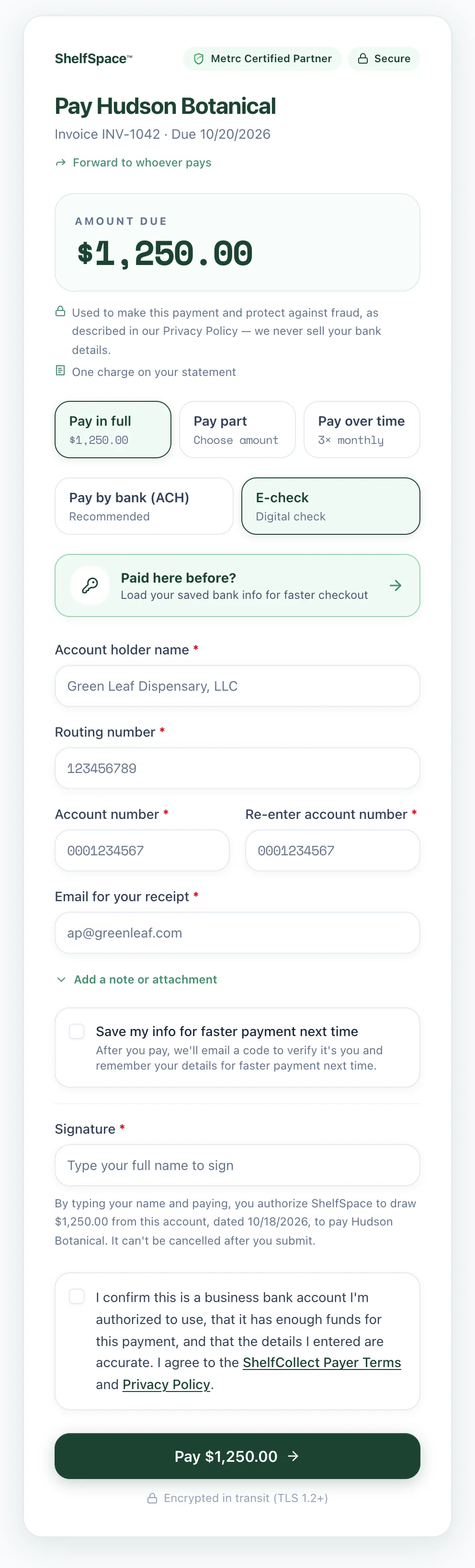 The e-check option on the pay page: account holder, routing and account number, and a saved-info shortcut for repeat payers
