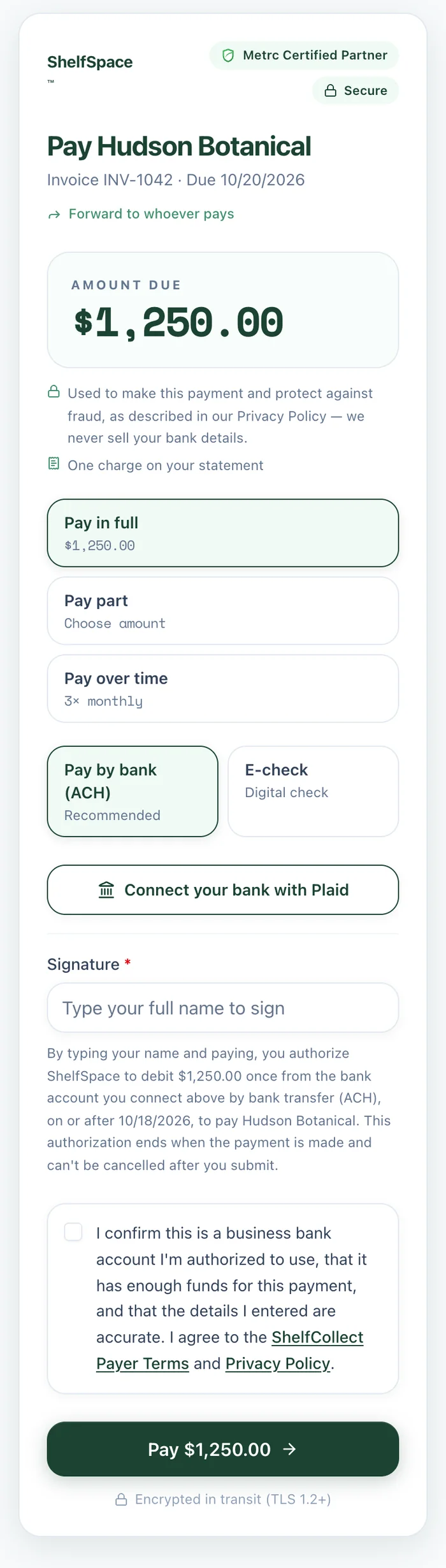 The ShelfSpace pay page on a phone: pay in full, pay part, or pay over time, by bank or e-check
