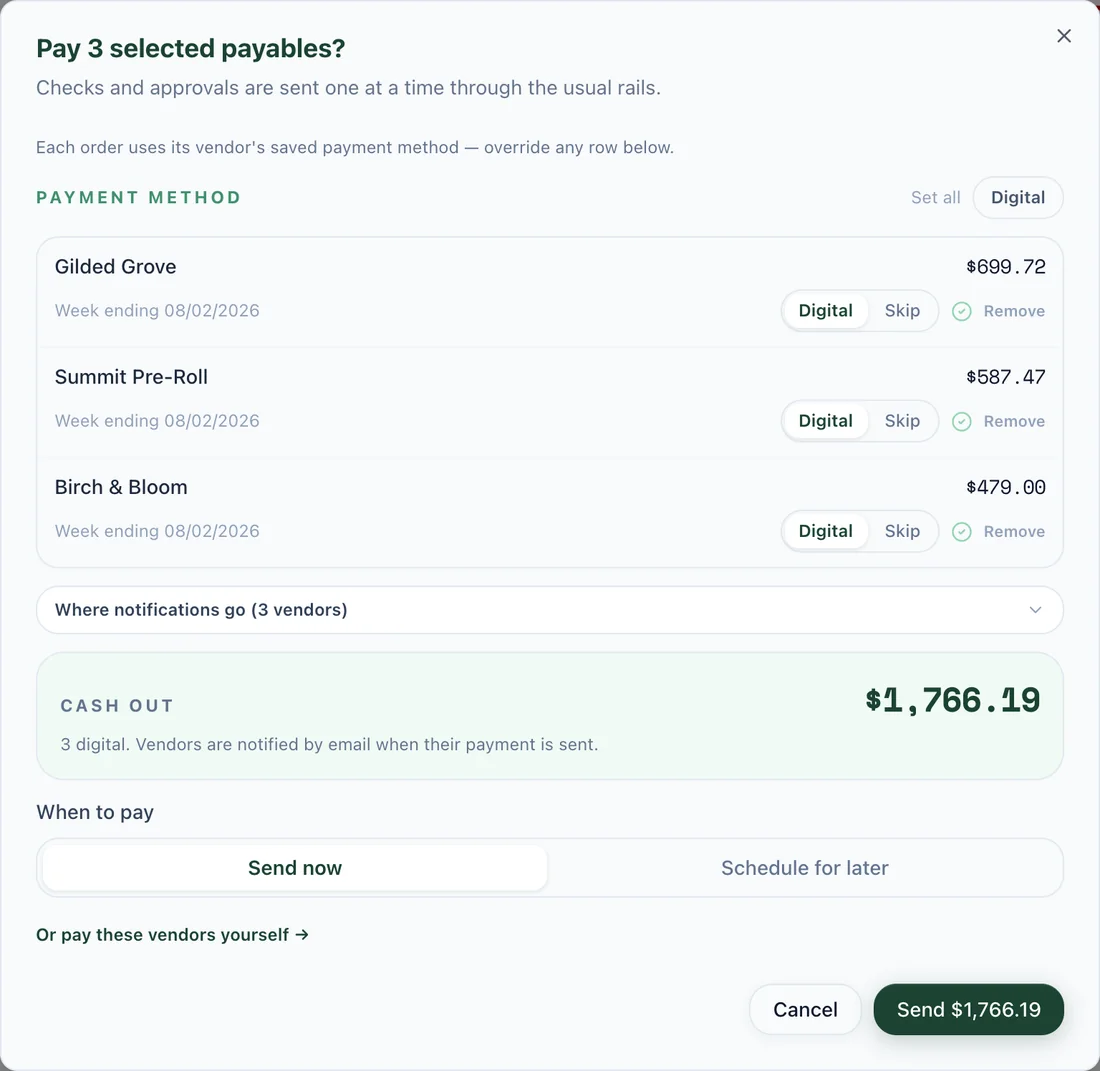 The pay dialog: three vendors, payment method per vendor, total cash out, send now or schedule for later