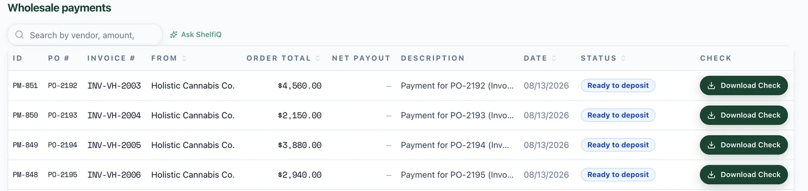 The vendor's payments received list: each payment with its PO, invoice number, amount, status and a Download Check button