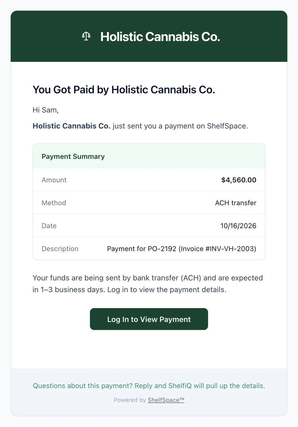 The email a vendor receives for an ACH payment, expected in 1 to 3 business days