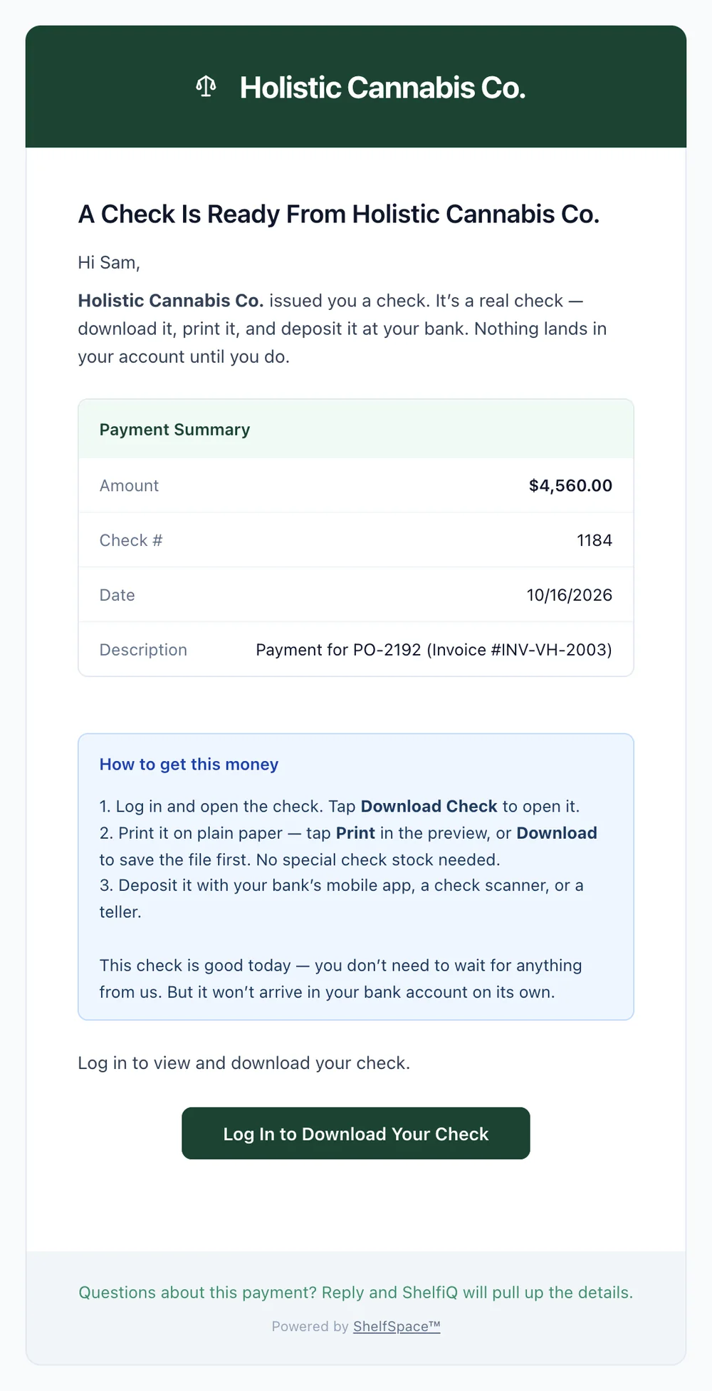 The email a vendor receives when a check is ready: payment summary and three steps to deposit it