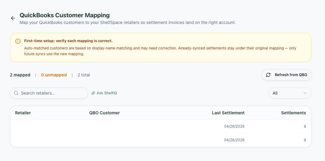 QuickBooks Customer Mapping screen showing retailer-to-QBO-customer mapping with first-time-setup verification banner.