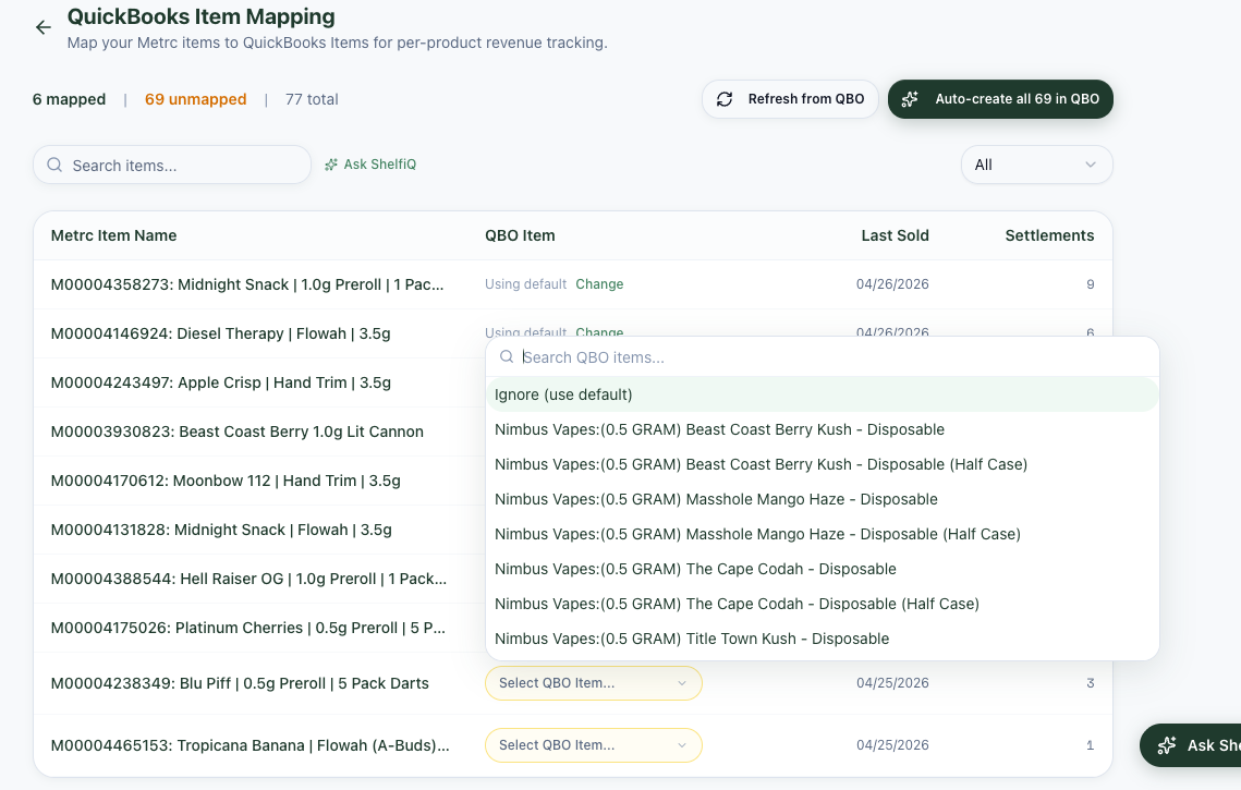 QuickBooks Item Mapping screen showing Metrc product names mapped to QBO Items, with Auto-create and Ignore options.