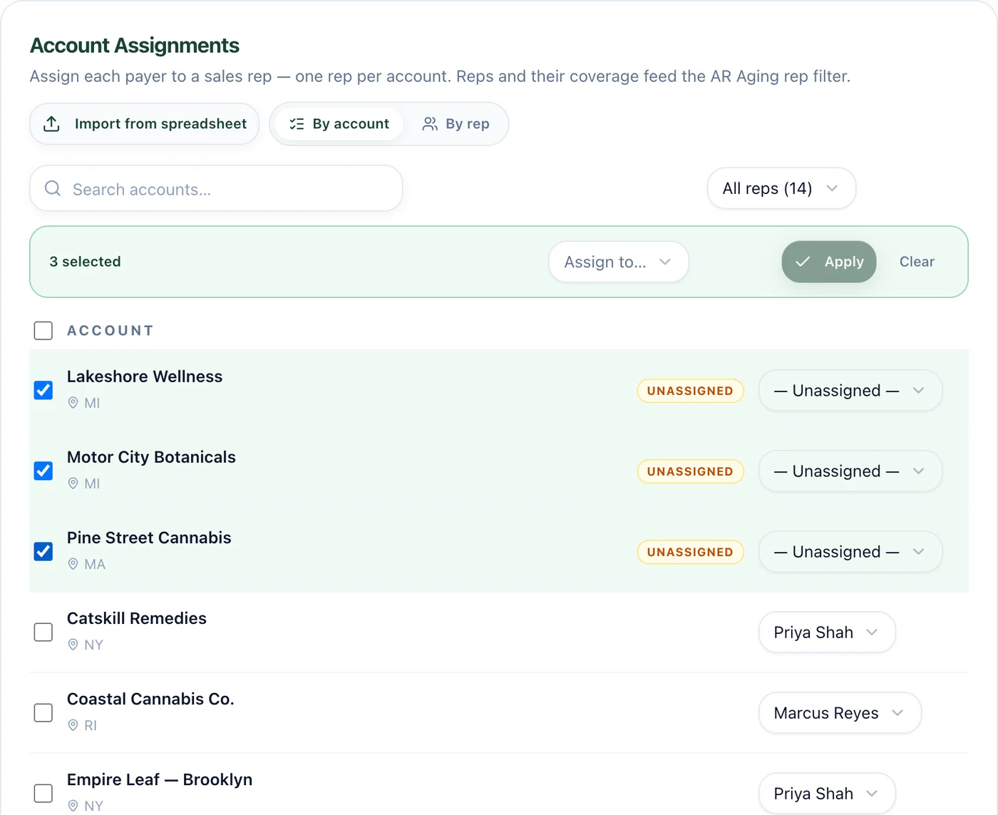 Account Assignments by account: unassigned accounts at the top, three selected, with an Assign to bulk bar