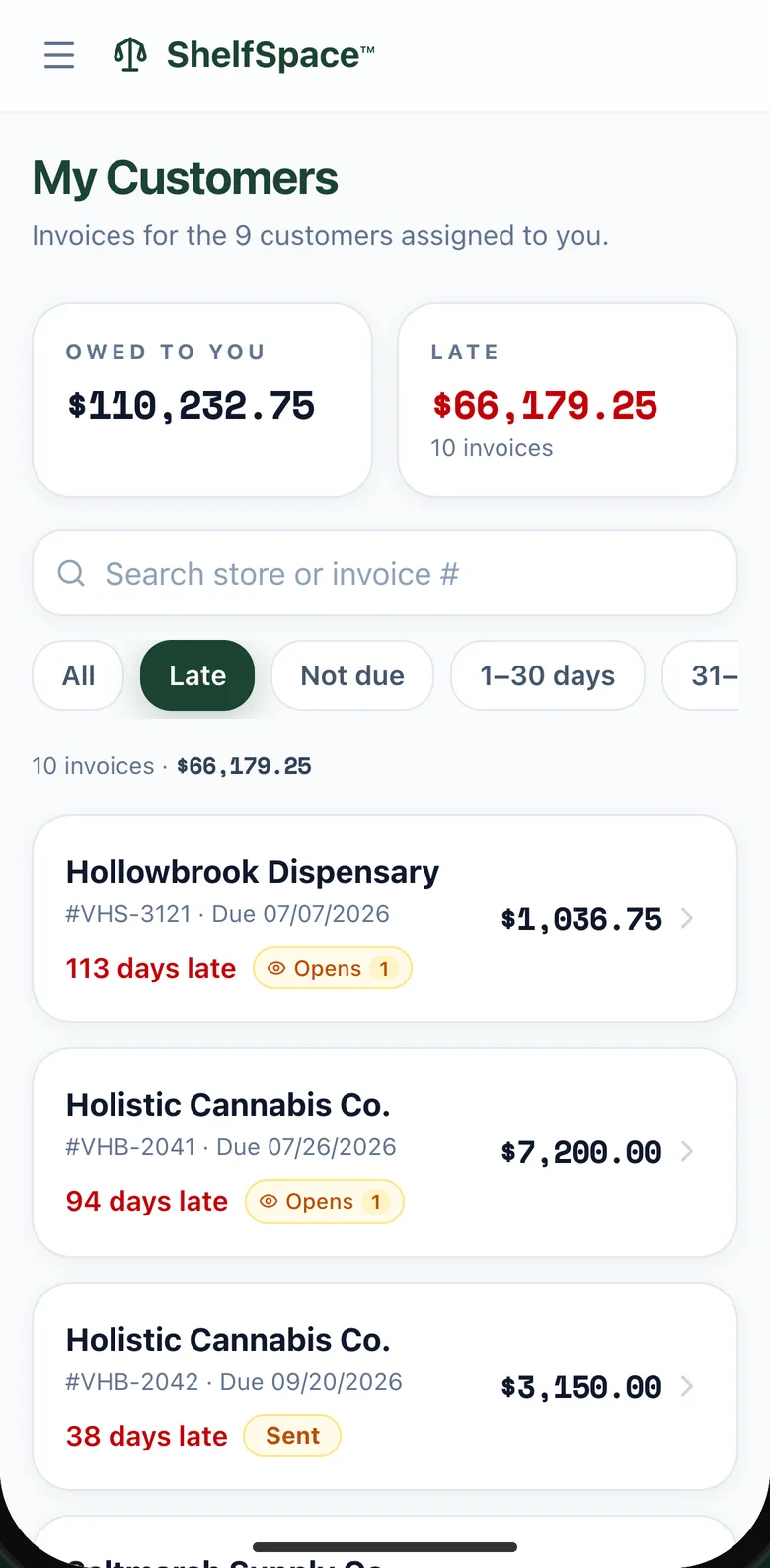 A sales rep's late list on a phone: owed and late totals, the Late filter, and invoice cards showing days late and an Opens tag