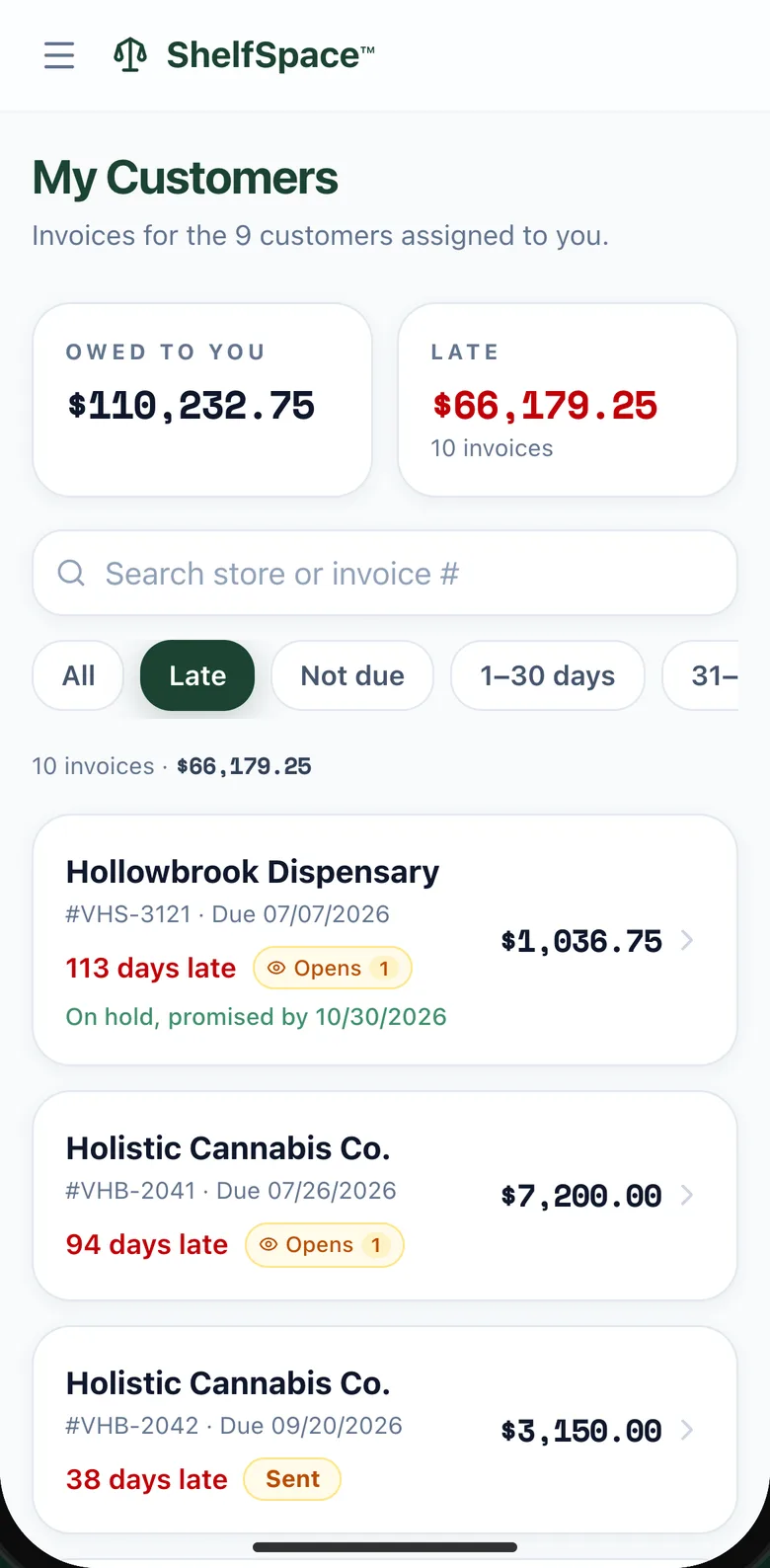 An invoice card after a promise to pay is logged: On hold, promised by 10/30/2026